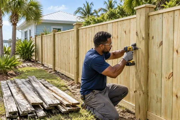 Installer fastening a new wooden privacy fence beside a stack of removed weathered boards.