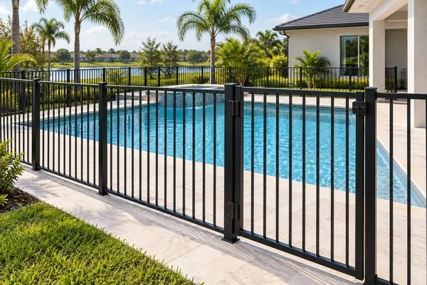 Black aluminum fence with a closed gate surrounding a backyard pool while preserving views of the water and landscape.