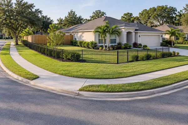 Black aluminum fence around a corner-lot home, with a wide grass strip separating the fence from the sidewalk.