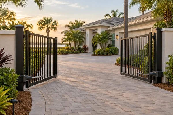 Black double swing driveway gates with automatic opener arms at the entrance to a palm-lined home.
